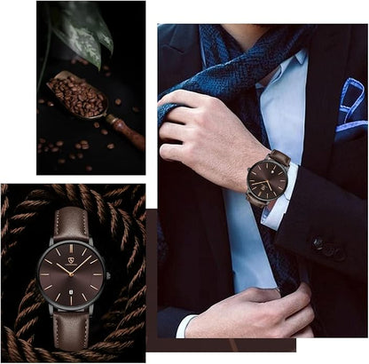 L LAVAREDO Watch for Men, Extremely Thin Mens Watches Minimalist Analog Men's Leather Wrist Watches with Time/Date, Birthday Gift for Men Boyfriend