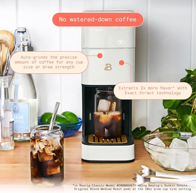 Beautiful Single Serve Coffee Maker with Built-In Burr Grinder, Hot or Iced, Pod-Free, 6 Brew Sizes, 3 Strengths, Touch Display, Reusable Filter, 64oz Reservoir, Slim Design (White Icing)