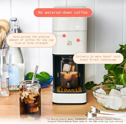 Beautiful Single Serve Coffee Maker with Built-In Burr Grinder, Hot or Iced, Pod-Free, 6 Brew Sizes, 3 Strengths, Touch Display, Reusable Filter, 64oz Reservoir, Slim Design (White Icing)