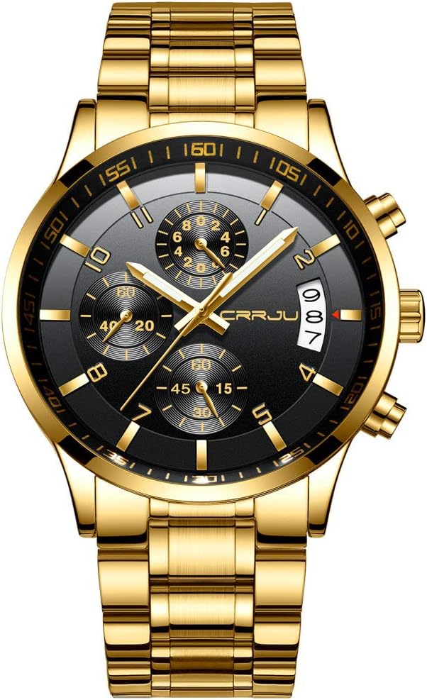 CRRJU Men's Fashion Stainless Steel Watches Date Waterproof Chronograph Wristwatches,Black Steel Band Waterproof Quartz Watch for Men