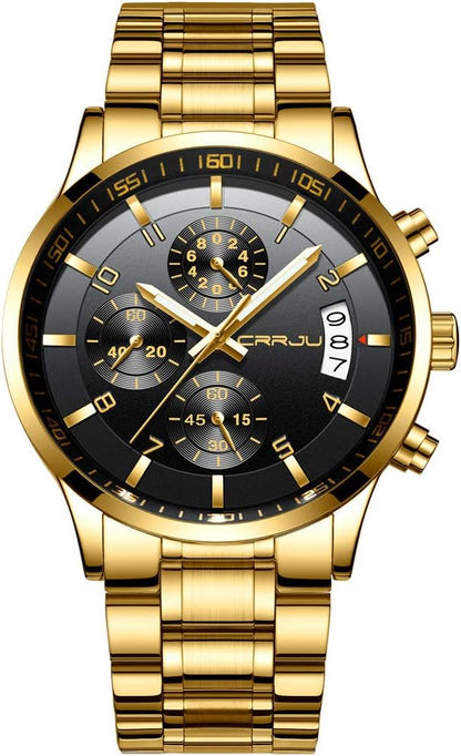 CRRJU Men's Fashion Stainless Steel Watches Date Waterproof Chronograph Wristwatches,Black Steel Band Waterproof Quartz Watch for Men