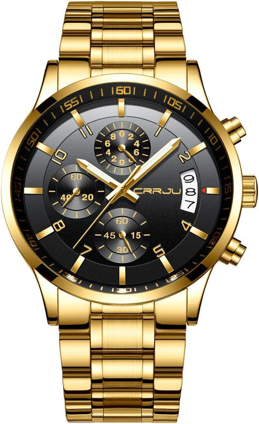 CRRJU Men's Fashion Stainless Steel Watches Date Waterproof Chronograph Wristwatches,Black Steel Band Waterproof Quartz Watch for Men