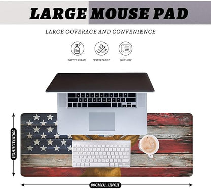 American Deer Desk Pad Mouse Pad Buck Rustic Patriotic Flag Wood Mousepad XL Large Gaming Mouse Pad Laptop Keyboard Mat Desk Pad 31.5"x11.8"