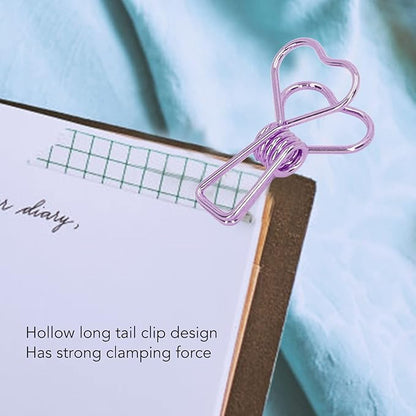 Clips in Assorted Sizes, Medium Metal Paper Clips, 100 Pcs Rose Gold - Strong Clamping Force, Hollow Heart Shape, Cute Office Document Accessories (Purple)