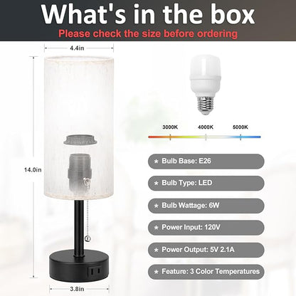 Fenmzee Bedside Table Lamp for Nightstand - 3 Color Temperatures Pull Chain Lamp with AC Outlet Charging Port, Round Night Stand Light for Bedroom Living Room, Small Bed Side Light with E26 LED Bulb