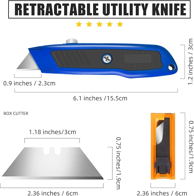 DIYSELF 4 Pack Retractable Box Cutters, Utility Knives with 10 Blades, Heavy Duty for Cardboard, Carpet, Paper