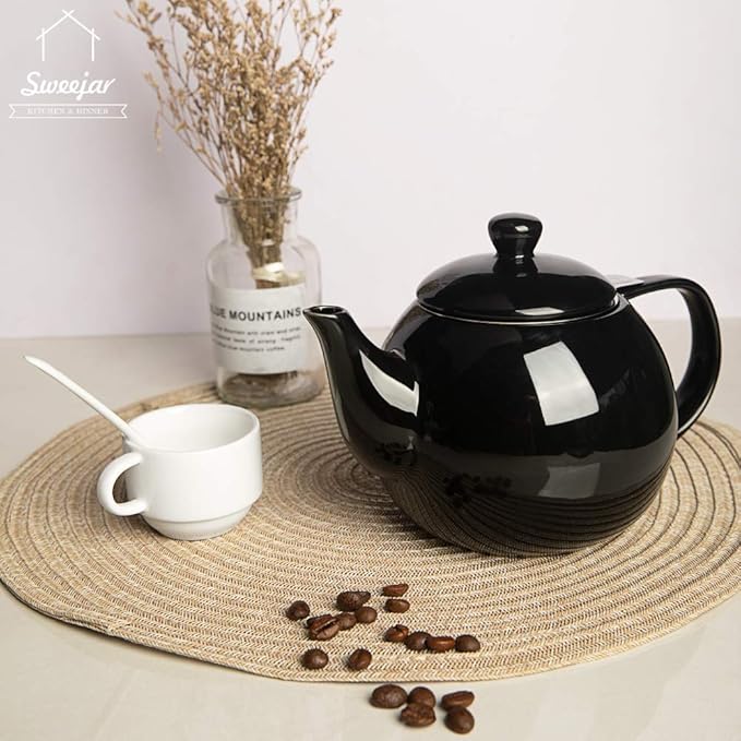 Sweejar Porcelain Teapot with Removable Stainless Steel Infuser,Microwave & Dishwasher Safe Tea Pots for Loose Tea,Tea Infuser Pots for Chrismas Women Gift (30oz Black)