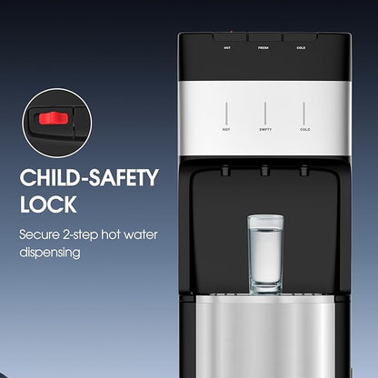 VECYS Bottom Loading 3 5 Gallon Stainless Steel Water Dispenser, Hot Cold Room Temper Water Cooler with Child Safety Lock, 304 Stainless Steel Reservoirs and Water Intake Tube