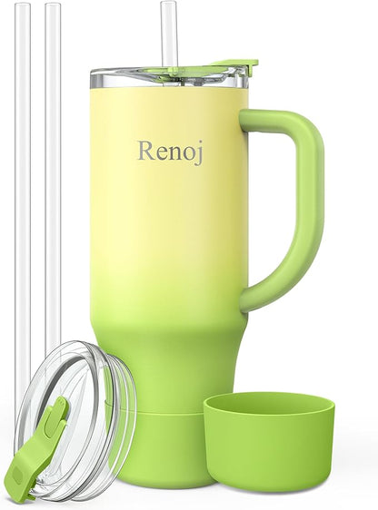 Renoj Tumbler with Handle 100% Leak Proof Insulated Water Bottle for Iced Coffee & Hot Drinks - Fits Car Cup Holder, Ideal Gift, 2 Straws & Silicone Boot BPA-Free - SnapShift Green Gradient 32 oz