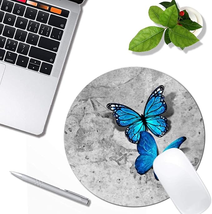 Blue Monarch Butterflies Gray Stone Watercolor Mouse Pad Round Non-Slip Rubber Mousepad Laptop Office Computer Decor Cute Desk Accessories Customized Design Mouse Pad