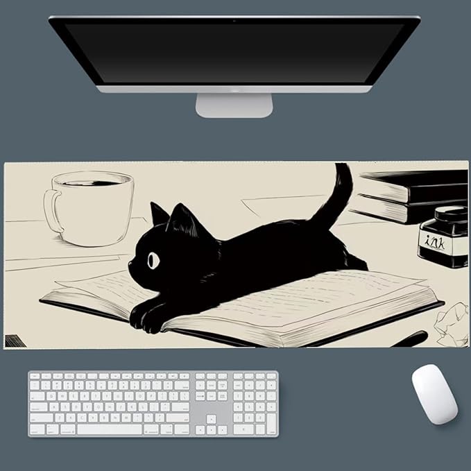 Gaming Mouse Pad XL Extended Anime Mouse Pad 31.5x11.8inch, Large Cute Kawaii Big Computer Mouse Mat Desk Pad Home Office-Black Reading Cat