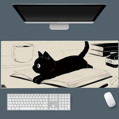 Gaming Mouse Pad XL Extended Anime Mouse Pad 31.5x11.8inch, Large Cute Kawaii Big Computer Mouse Mat Desk Pad Home Office-Black Reading Cat