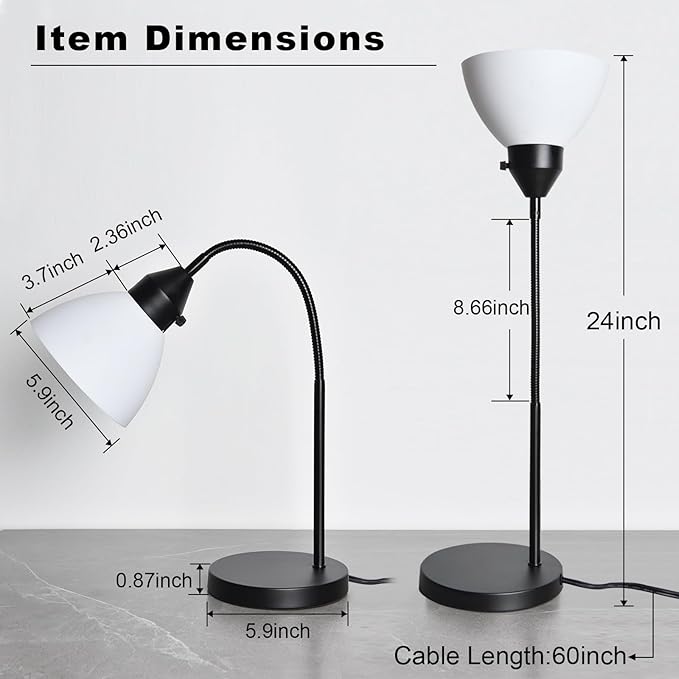 2 Pack LED Desk Lamp for Home Office, 3 Levels Dimmable Reading Light, Flexible Table Lamp for Bedside Office, Rotary Switch Control, Desk Lamp for College Dorm Study, Bulb Included, Black