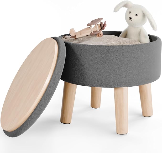 Poofzy Small Ottoman with Storage, Small Foot Stool Ottoman with Wood Legs, Velvet Foot Rest for Couch, Living Room and Bedroom - Gray