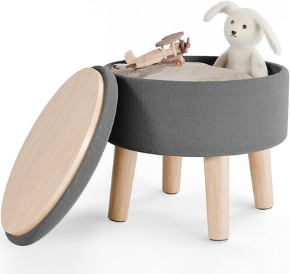 Poofzy Small Ottoman with Storage, Small Foot Stool Ottoman with Wood Legs, Velvet Foot Rest for Couch, Living Room and Bedroom - Gray