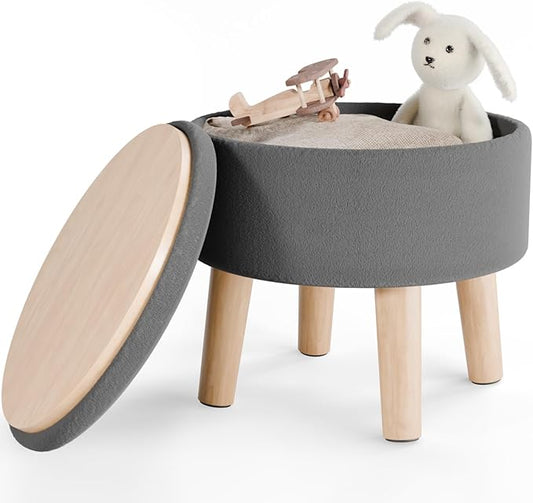 Poofzy Small Ottoman with Storage, Small Foot Stool Ottoman with Wood Legs, Velvet Foot Rest for Couch, Living Room and Bedroom - Gray
