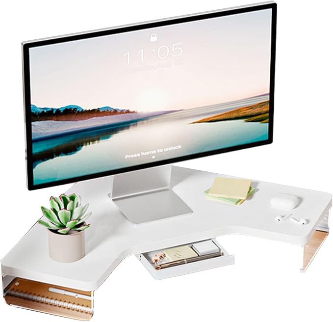 Corner Monitor Stand Clear Acrylic Leg ＆ Wood Corner Screen Stand, L-Shape Desk Triangle Riser for Monitor/Laptop/Computer, Corner Organizer with Drawer (Color : White)