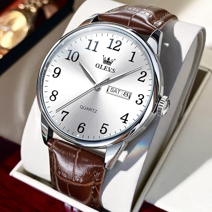 OLEVS Mens Watches Vintage Leather Band Dress Classic Easy Reader Arabic Numerals Analog Quartz Waterproof Date and Day Blue/Black/White Large Face Men's Wrist Watches