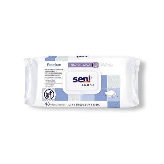 Seni Care Premium Plus Pre-Moistened Personal Cleansing Wipes for Large Surfaces (12" x 8"), 576 Count (12 Packs of 48 Wipes), Disposable