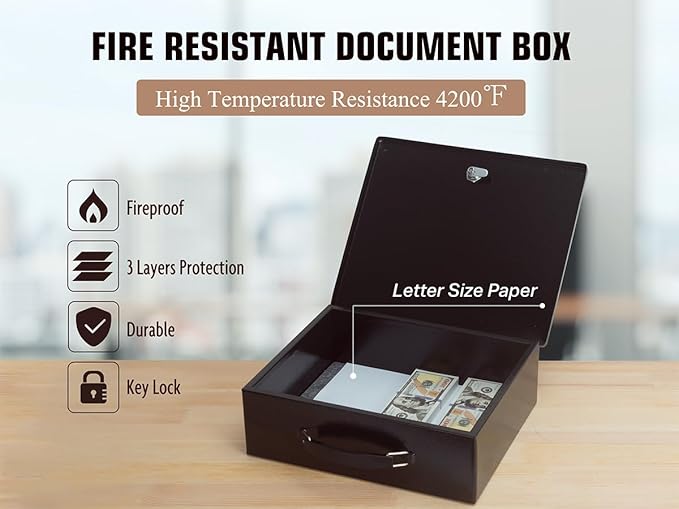 Fireproof Document Box,X Large Fire Resistant Safe Box with Key Lock for Home, Portable Fireproof Lock Box for Personal Items, Passport, Cash, Tablet, Exterior 13.2" x 11" x 4.13"