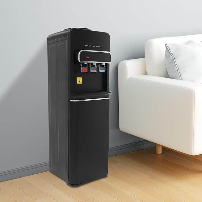 Bottom Loading Water Cooler for 5 Gallon Bottle, 110V Electric Water Dispenser with Hot, Room and Cold Spouts, Child Safety Lock, Work Indicator Lights, Floor Standing (Black)
