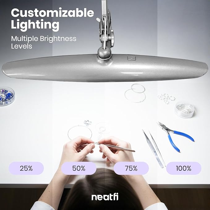 Neatfi XL LED Desk Lamp with Clamp, 2200 Lumens, 24W, 20-Inch Wide Head, Dimmable 4 Brightness Levels, Task Light for Home Office, Crafts, Workbench (Non-CCT, Silver)