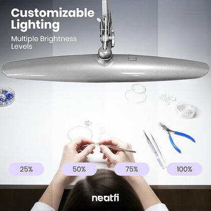 Neatfi XL LED Desk Lamp with Clamp, 2200 Lumens, 24W, 20-Inch Wide Head, Dimmable 4 Brightness Levels, Task Light for Home Office, Crafts, Workbench (Non-CCT, Silver)