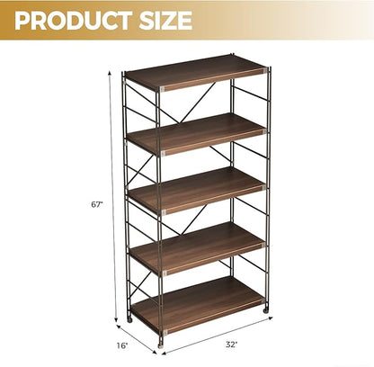 5-Tier Industrial Bookshelf, Modern Metal & Wood Bookcase, Sturdy Storage Rack for Office, Living Room, Bedroom & Study, Open Shelves for Books, Decor & More