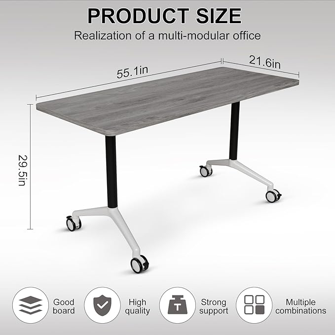 Conference Table Folding Conference Room Tables, Modern Mobile Meeting Training Table with Silent Wheels, Foldable Seminar Table for Offices, Classrooms, Libraries (4, Grey2, 55.1in)