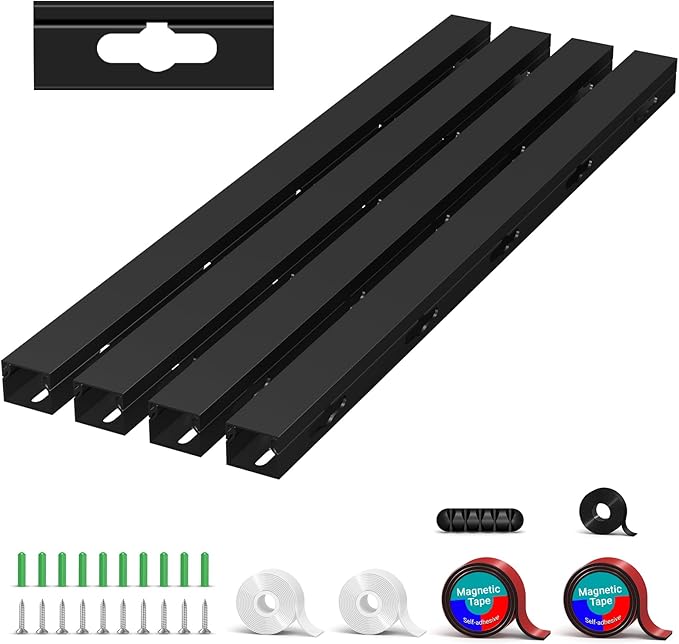 Cable Raceway - Magnetic Cable Management Under Desk with Upgraded Aesthetic Large Hole, Cord Organizer Kit for Hiding Computer, Gaming Desk, Network, Power Cord, TV - 4PCS 4x15.7in Black