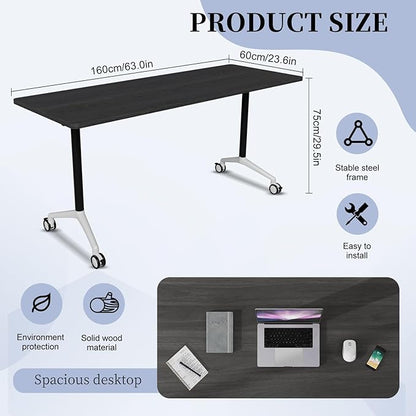 Conference Table, Folding Conference Room Tables, Modern Flip Top Seminar Training Meeting Table with Wheels, Modular Foldable Conference Tables for Home Office Classr (Black 2 Pack, 63inch)