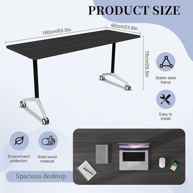 Conference Table, Folding Conference Room Tables on Wheels, Modern Meeting Seminar Table Computer Desk, Boardroom Desk for Office Meeting Conference Room,White,6 Pack 63inch