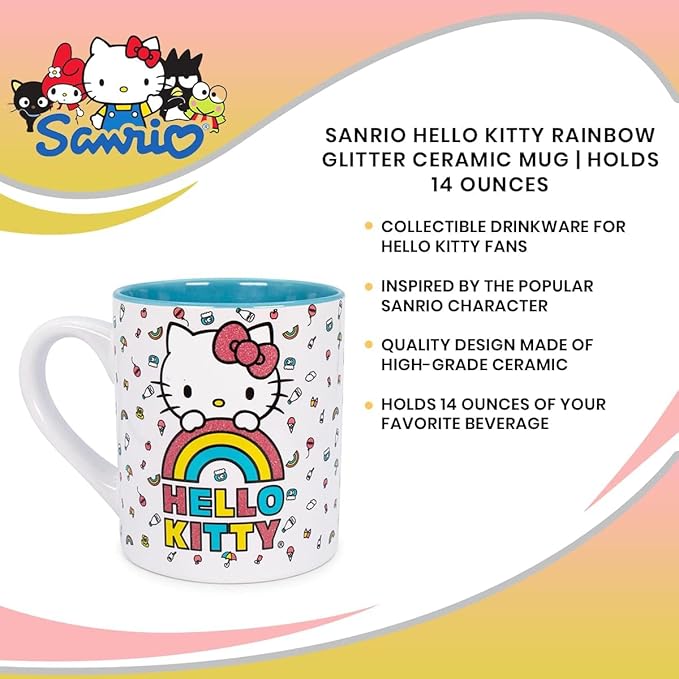 Silver Buffalo Sanrio Hello Kitty Rainbow Glitter Ceramic Mug, 14 Ounces
