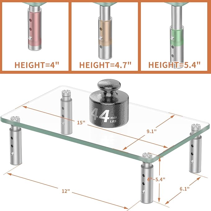 Hemudu 2 Pack Monitor Stand - 3 Adjustable Height Riser, Computer Stand, Desktop Organizer for PC, Laptop - Clear
