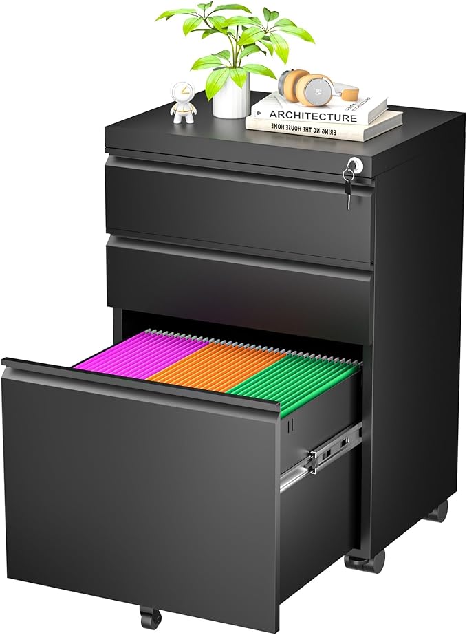 Greenvelly 3-Drawer Mobile File Cabinet with Locking Drawers & Wheels, No assembly required Black Rolling Metal Filing Cabinet for Home Office, Lockable File Organizer Under Desk or Letter/Legal Files