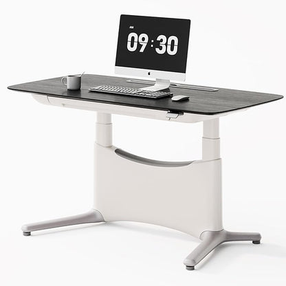 COLAMY Electric Standing Desk, Whole-Piece Gaming Desk with Dual Motors, Ergonomic Footrest, Drawers for Storage, Adjustable Height Sit-Stand Desk for Home Office (Veneer Desktop, Black Oak + White)