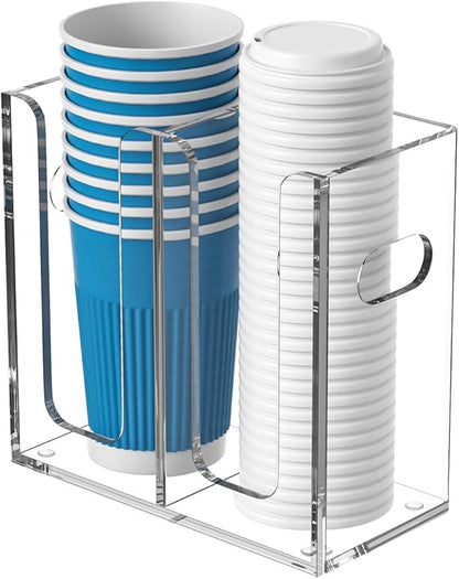 WINFFOR Disposable Cup Organizer Dispenser - 2 Compartments Clear Acrylic Cup and Lid Holder with Handles Plastic Cup Dispenser Countertop Paper Cup Holder for Coffee Bar House Party Essentials