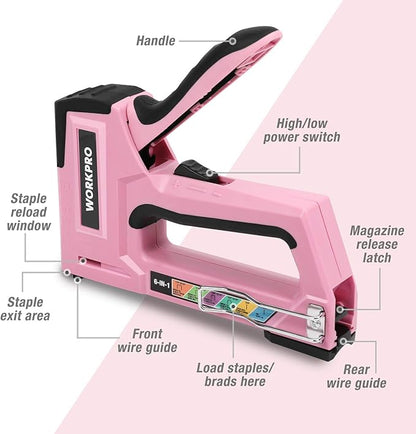 WORKPRO Pink Staple Gun, 6-in-1 Manual Brad Nailer with 4000-Pieces Staples for Fixing Material, Carpentry, Upholstery, Furniture and DIY - Pink Ribbon