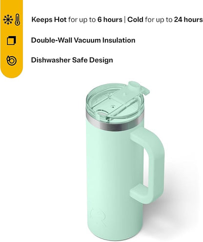 RTIC 20oz Road Trip Travel Mug with Lid and Handle, Ceramic Lined, Insulated, Stainless Steel, Metal, Double Wall Vacuum-Insulation, Portable Coffee, Tea Cup for Hot and Cold Drink, Fresh Mint