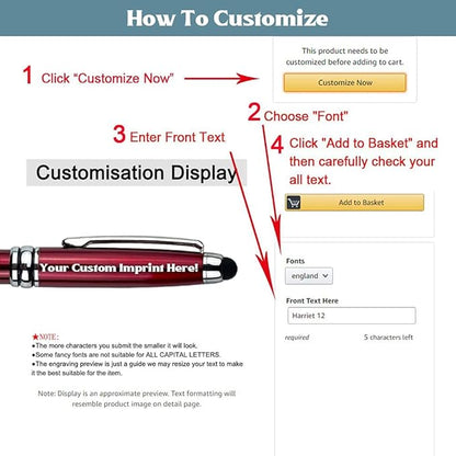 Ancolo Personalized retractable pens with Stylus tip stylish pens - Engraved with Your Name or Message, Phone Number Black ink Gift for Bank, Office, Hotel Lobbies 10 Pens/Box