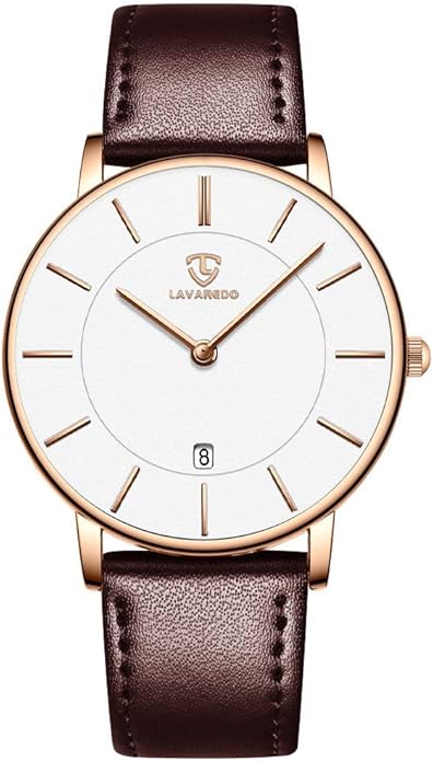 L LAVAREDO Watch for Men, Extremely Thin Mens Watches Minimalist Analog Men's Leather Wrist Watches with Time/Date, Birthday Gift for Men Boyfriend