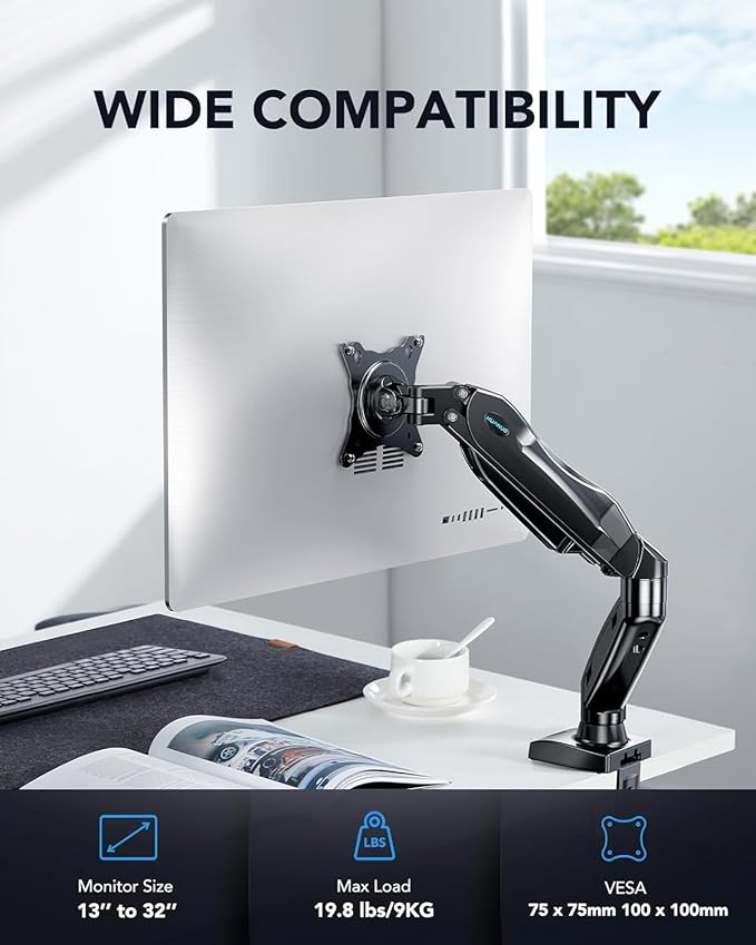 HUANUO Single Monitor Mount, 13 to 32 Inch Pneumatic Spring Monitor Arm, Adjustable Monitor Stand, Vesa Mount with Clamp and Grommet Base - Fits 4.4 to 19.8lbs LCD Computer Monitors
