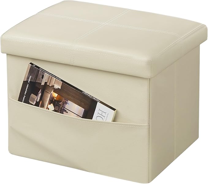 AmasSmile Storage Ottoman Folding Foot Rest Stool with Side Pocket, 16 inch Leather Footstool Bench, Short Ottoman Bench, Storage Foot Rest Store, Books (Beige-2)