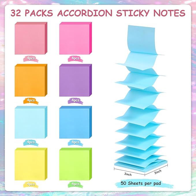 32 Pads Pop Up Sticky Notes 3x3 Refills Accordion Sticky Notes Refills 8 Bright Color Post Stickies Bulk Adhesive Memo Pad Colorful Popup Notes for Dispenser Home Office School Supplies