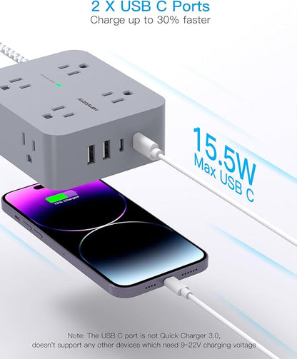 Surge Protector Power Strip 10 Ft Cord, HANYCONY Extension Cord with Multiple Oulets, 8 AC Outlets 4 USB (2 USB C) Ports, Flat Plug, Wall Mount Desk USB Charging Station for Home