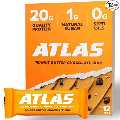Atlas Bar – 20g Protein, 1g Sugar, 0g Seed Oils, 0g Artificial Sweeteners (12 Count, Peanut Butter Chocolate Chip)