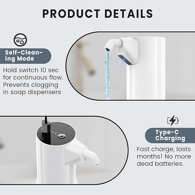 Automatic Liquid Soap Dispenser Touchless,Hand & Dish Electric Dispenser 4-Level Adjustable,450ML Waterproof Rechargeable Kitchen Auto Soap Pump,The Bottle is Replaceable (White)
