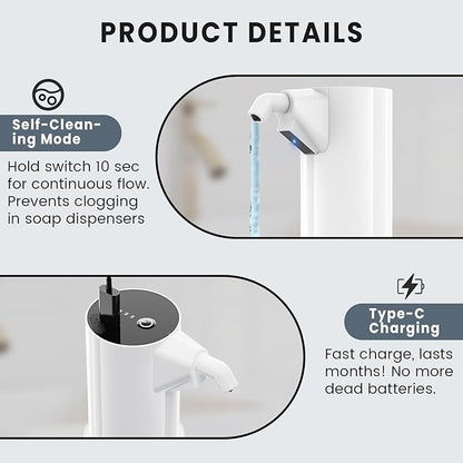 Automatic Liquid Soap Dispenser Touchless,Hand & Dish Electric Dispenser 4-Level Adjustable,450ML Waterproof Rechargeable Kitchen Auto Soap Pump,The Bottle is Replaceable (White)