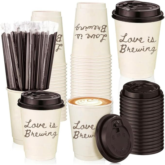 60 Sets Wedding Coffee Paper Cups with Lids Straws Disposable Cup Love is Brewing Double-Wall Drinking Cups for Reception Bride Shower Bachelorette Party, 13.5oz