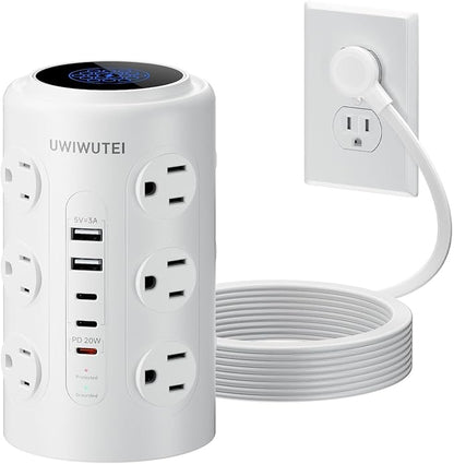 Tower Power Strip with 1 Dedicated PD 20W Fast-Charging Port, 12 Outlets, 5 USB Ports (3 USB-C), 1800J Protector, Desk Charging Station for Multiple Devices,15FT Extension Cord, Home Office Essentials